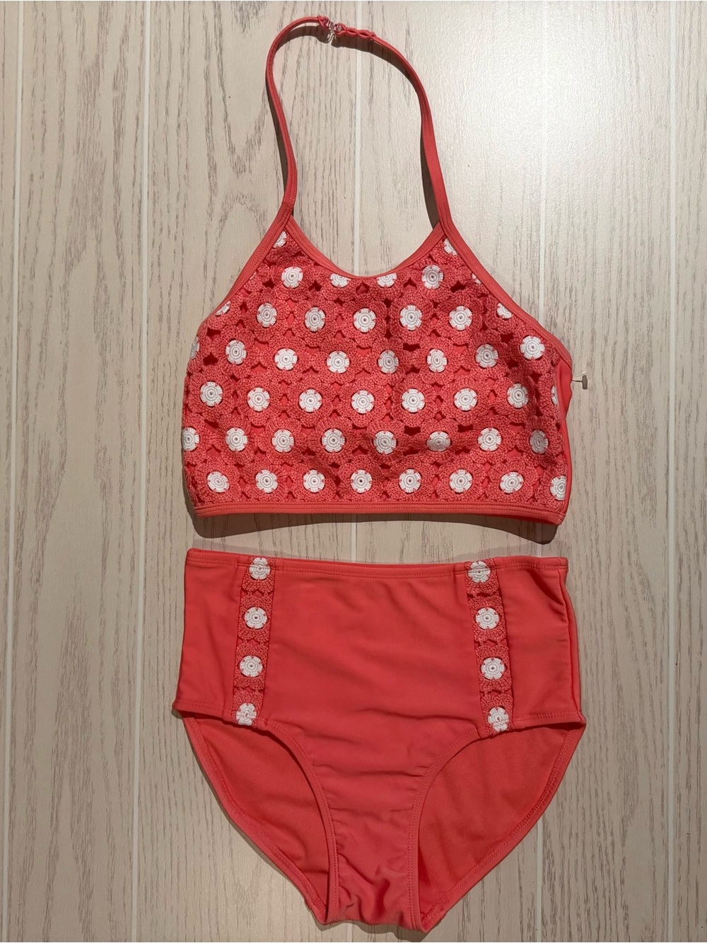 Limited Too Girls Coral Floral‎ Crochet Halter Bikini Swimsuit Set 10/12
